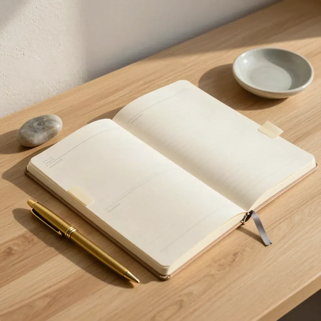 Overhead flat lay of coaching notebook, brass pen, stone paperweight and ceramic dish on pale oak.