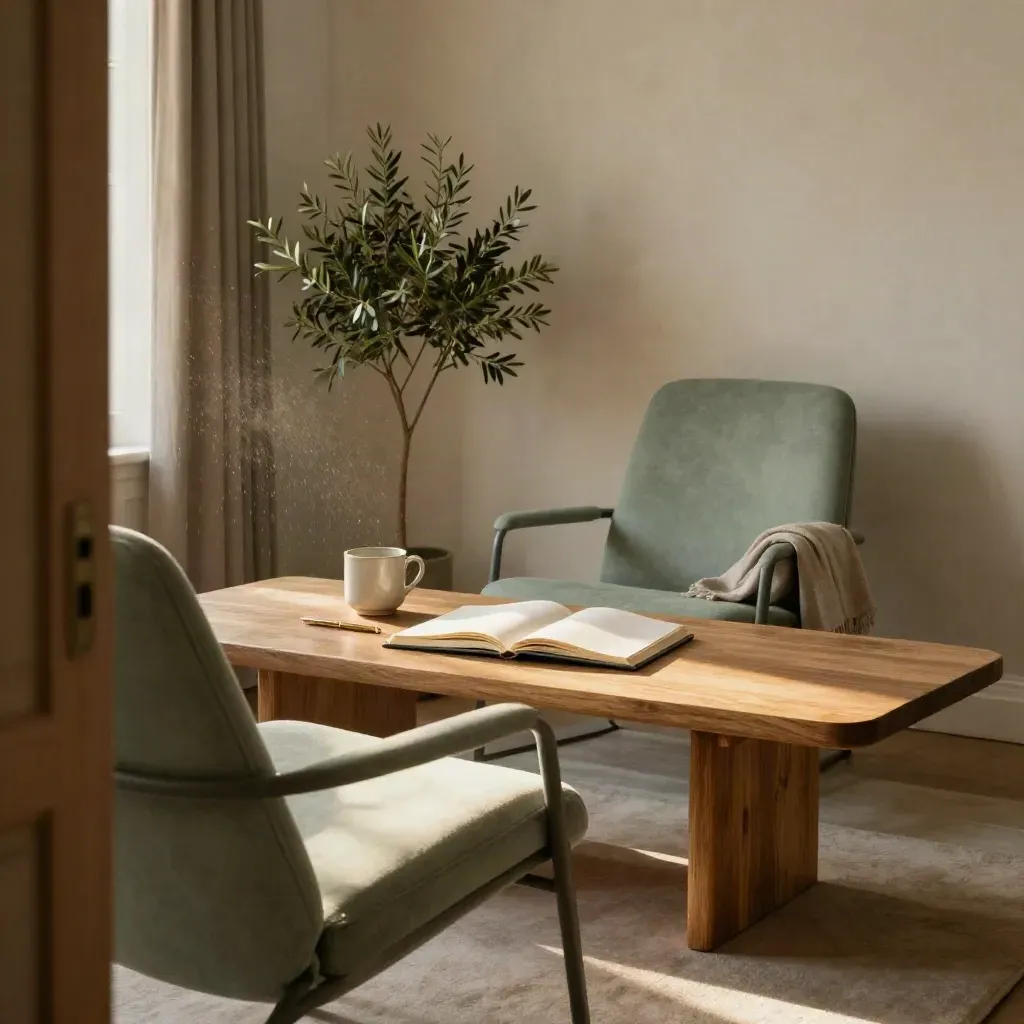 Moody coaching room with chairs, notebook, mug, linen throw and olive plant in rain-lit warmth.