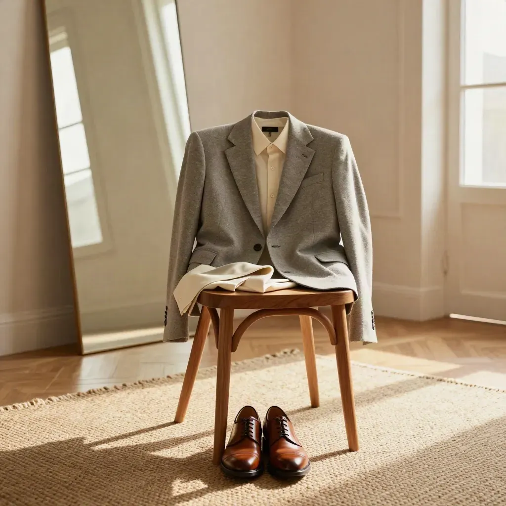 Interview outfit arranged by a bright window: blazer on chair, polished shoes, mirror, morning haze.