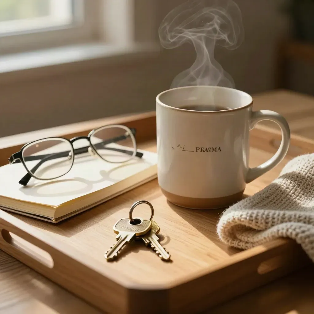 Morning mug, glasses, notebook, keys and knit on a warm wooden tray.
